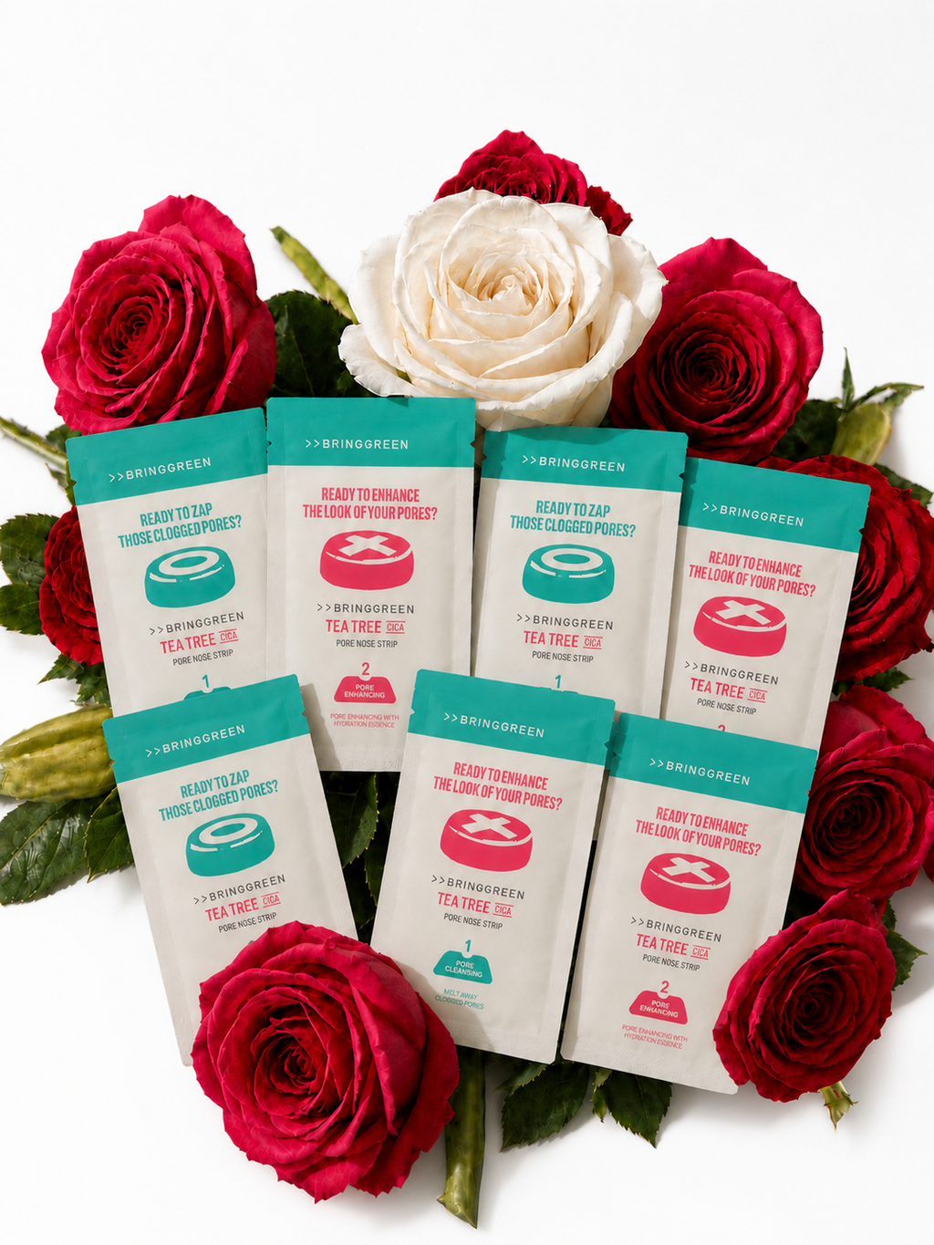 Bring Green Tea Tree Cica Pore Nose Strip packets with roses