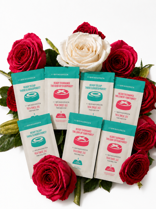 Bring Green Tea Tree Cica Pore Nose Strip packets with roses