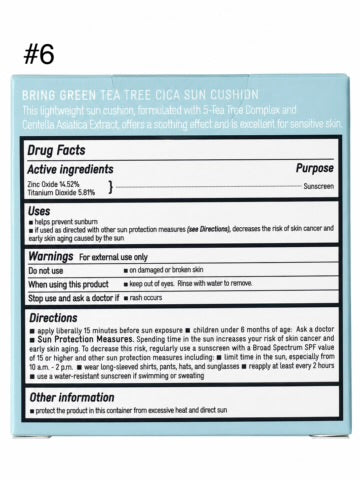 Bring Green Tea Tree Cica Sun Cushion SPF 50 - Drug Facts panel with active ingredients Zinc Oxide and Titanium Dioxide